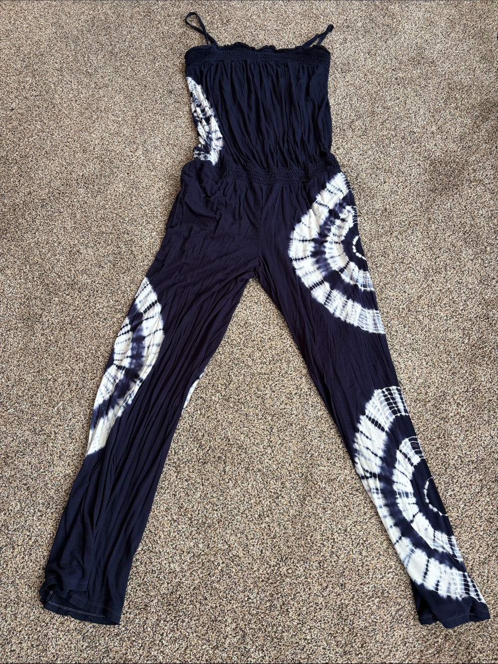 INC International Concepts Navy and White Tie-Dye Strapless Jumpsuit